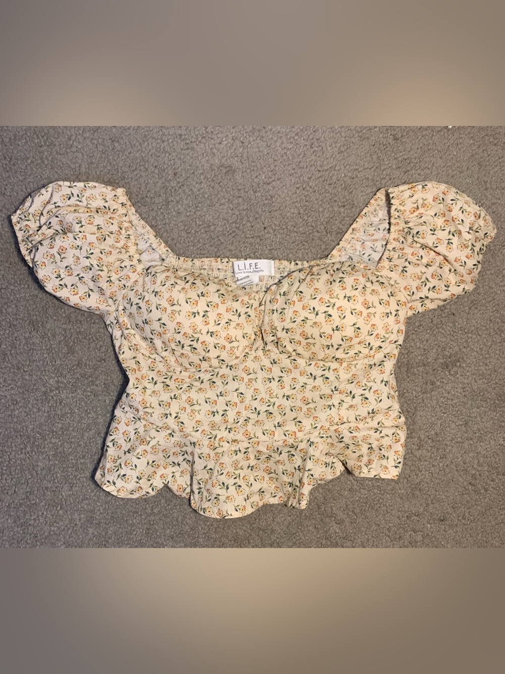 Cream Floral Puff Sleeve Crop Top